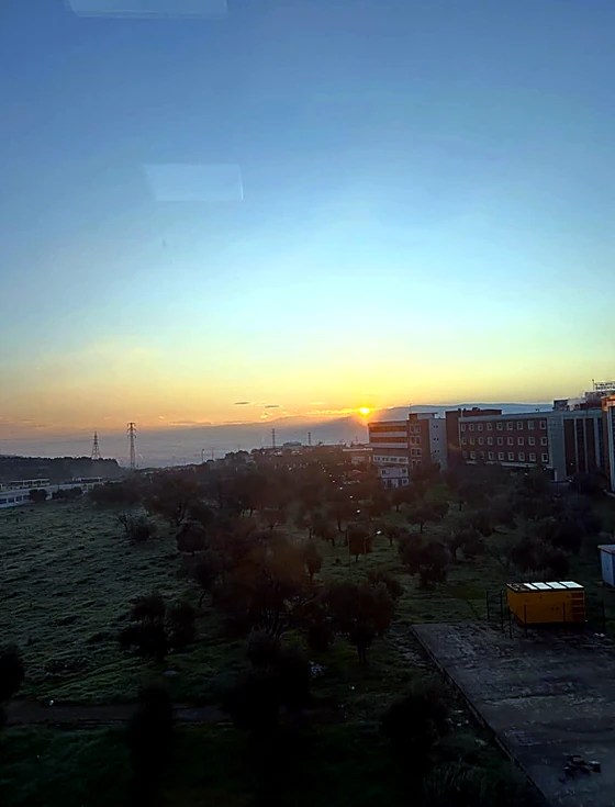 Sunrise over the university campus, an orange sky above olive groves and faculty buildings