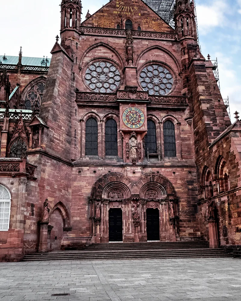 Strasbourg Notre-Dame Katedrali'nin pembe kumtaşı güney cephesi; gül pencereler ve astronomik saat